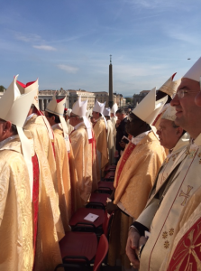 The skies cleared as the Canonisation Mass continued. The clouds dispersed but the mitres were still everywhere. 
