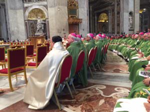 The bishops seated in serried ranks awaiting the entry of the cardinals and the Pope. Note St Peter in the background (not to be confused with the larger and more dramatic statue of St Longinus to his left). 