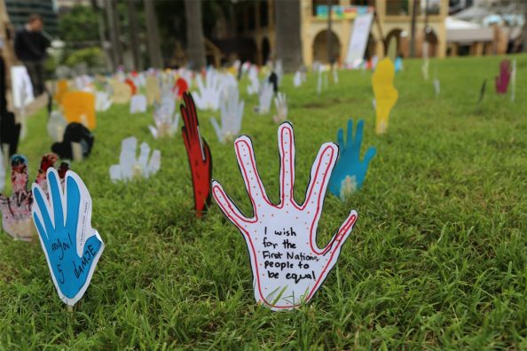 Hundreds of artwork ‘hands’ painted by pre-school and primary school children were planted on the grounds of St Stephen’s Cathedral today in a promotion of reconciliation.